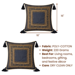Handcrafted Black Cushion Cover – 16"x16" | Intricate Square Border Embroidery | Tassel Accents | Premium Poly Cotton