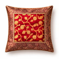 Fabric Crafted Cushion Cover – Red | 12"x12" | Poly Cotton | Traditional Border Design
