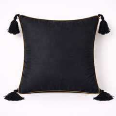 Handcrafted Black Cushion Cover – 16"x16" | Intricate Square Border Embroidery | Tassel Accents | Premium Poly Cotton