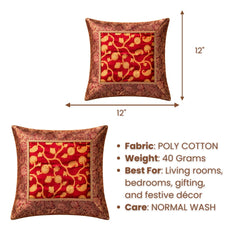 Fabric Crafted Cushion Cover – Red | 12"x12" | Poly Cotton | Traditional Border Design