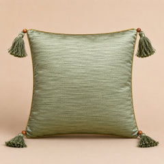 Handcrafted Cushion Cover – Green | 12"x12" | Embroidered Decorative Cushion Cover with Tassels