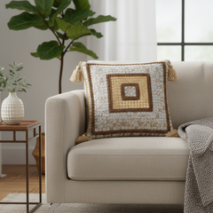 Handcrafted Silver Cushion Cover – 16"x16" | Square Embellished Design with Tassels | Premium Poly Cotton