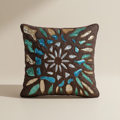 Handcrafted Brown Cushion Cover – 12"x12" | Artistic Floral Mosaic Embroidery | Premium Poly Cotton
