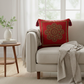 Handcrafted Maroon Cushion Cover – 16"x16" | Royal Mandala Embroidery | Tassel Detailing | Premium Poly Cotton