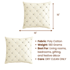 Handcrafted White Cushion Cover – 16"x16" | Premium Poly Cotton | Crystal-Studded Diamond Quilting | Elegant Luxe Home Décor