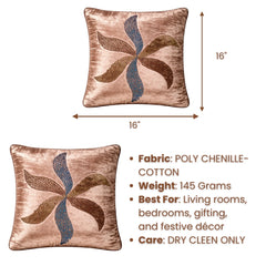 Brown Designer Cushion Cover | 16"x16" | Poly Chenille-Cotton | Embroidered Floral Cushion Cover for Sofa & Bed
