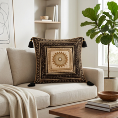 Hand Crafted Cushion Cover – Black | 16"x16" | Poly Cotton | Embroidered Medallion Design