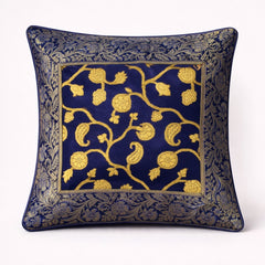 Fabric Crafted Cushion Cover – Navy Blue | 12"x12" | Poly Cotton | Traditional Border Design