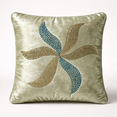 Hand Crafted Cushion Cover – Green | 16"x16" | Poly Chenille-Cotton Fabric | Elegant Embroidered Leaf Design