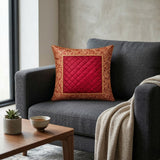 Fabric Crafted Cushion Cover – Maroon | 12"x12" | Poly Cotton | Quilted Center with Ornate Border