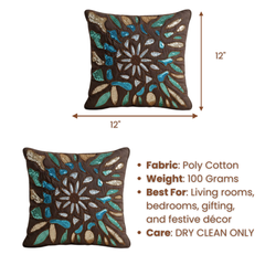 Handcrafted Brown Cushion Cover – 12"x12" | Artistic Floral Mosaic Embroidery | Premium Poly Cotton