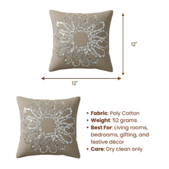 Handcrafted Khaki Floral Cushion Cover – 12"x12", Premium Poly Cotton