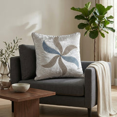 Hand Crafted Cushion Cover – Cream | 16"x16" | Poly Chenille-Cotton Fabric | Elegant Embroidered Leaf Design