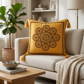 Hand Crafted Cushion Cover – Gold | 16"x16" | Poly Cotton | Embroidered Medallion Design