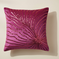 Handcrafted Pink Cushion Cover – 16"x16" | Poly-Cotton Matty | Sequined Radiant Swirl Design | Premium Festive Décor