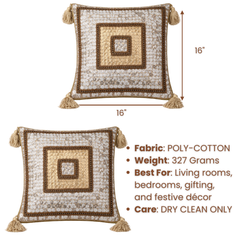 Handcrafted Silver Cushion Cover – 16"x16" | Square Embellished Design with Tassels | Premium Poly Cotton