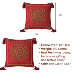 Handcrafted Maroon Cushion Cover – 16"x16" | Royal Mandala Embroidery | Tassel Detailing | Premium Poly Cotton