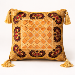 Hand Crafted Cushion Cover – Gold | 16"x16" | Poly Cotton | Embroidered Medallion Design