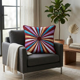 Hand Crafted Cushion Cover – Red Multicolor | 16"x16" | Poly Cotton Fabric | Vibrant Embroidered Geometric Burst Design