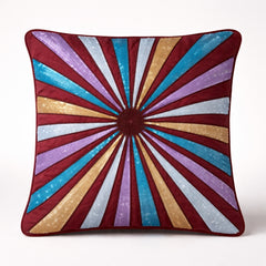 Hand Crafted Cushion Cover – Red Multicolor | 16"x16" | Poly Cotton Fabric | Vibrant Embroidered Geometric Burst Design