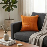 Fabric Crafted Cushion Cover – Orange | 12"x12" | Poly Cotton | Panel Pleated Design