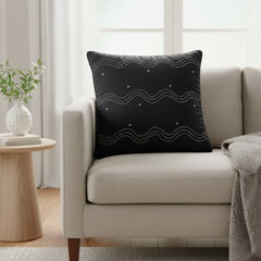 Handcrafted Black Cushion Cover – 16"x16" | Wavy Embellished Design | Premium Poly Cotton