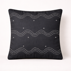 Handcrafted Black Cushion Cover – 16"x16" | Wavy Embellished Design | Premium Poly Cotton