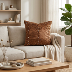 Hand Crafted Cushion Cover – Brown | 16"x16" | Chanil Fabric | Embroidered Decorative Design