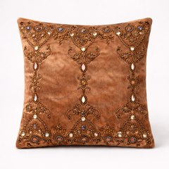 Hand Crafted Cushion Cover – Brown | 16"x16" | Chanil Fabric | Embroidered Decorative Design