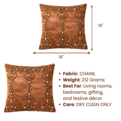 Hand Crafted Cushion Cover – Brown | 16"x16" | Chanil Fabric | Embroidered Decorative Design
