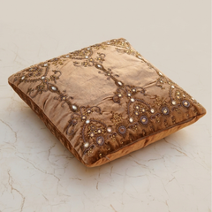 Hand Crafted Cushion Cover – Brown | 16"x16" | Chanil Fabric | Embroidered Decorative Design
