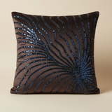 Handcrafted Black Cushion Cover – 16"x16" | Poly-Cotton Matty | Blue Sequined Radiant Swirl | Premium Festive Décor