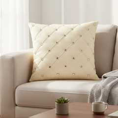 Handcrafted Cream Cushion Cover – 16"x16" | Premium Poly Cotton | Crystal-Studded Diamond Quilting | Elegant Luxury Décor
