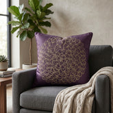 Machine Crafted Purple Cushion Cover – 16"x16" | Elegant Gold Floral Embroidery | Premium Poly-Cotton Decorative Cushion Cover