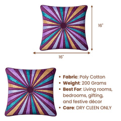 Hand Crafted Cushion Cover – Purple Multicolor | 16"x16" | Poly Cotton Fabric | Vibrant Embroidered Geometric Burst Design