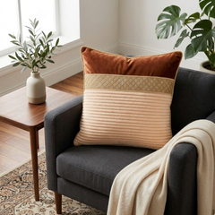 Fabric Crafted Cushion Cover – Brown | 16"x16" | Chanil Fabric | Textured Panel Design