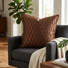 Fabric Crafted Cushion Cover – Brown | 24"x24" | Poly Cotton | Quilted Wave Design