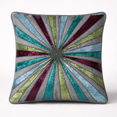 Hand Crafted Cushion Cover – Grey Multicolor | 16"x16" | Poly Cotton Fabric | Vibrant Embroidered Geometric Burst Design