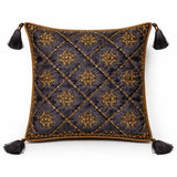 Hand Crafted Cushion Cover – Black | 12"x12" | Poly Cotton | Embroidered Floral Diamond Pattern with Tassels