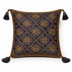 Hand Crafted Cushion Cover – Black | 12"x12" | Poly Cotton | Embroidered Floral Diamond Pattern with Tassels