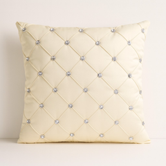 Handcrafted Cream Cushion Cover – 16"x16" | Premium Poly Cotton | Crystal-Studded Diamond Quilting | Elegant Luxury Décor