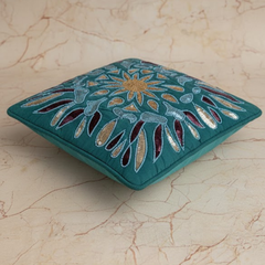 Handcrafted Turquoise Cushion Cover – 12"x12" | Multi-Color Embroidered Floral Design | Premium Poly Cotton