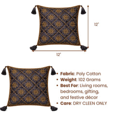 Hand Crafted Cushion Cover – Black | 12"x12" | Poly Cotton | Embroidered Floral Diamond Pattern with Tassels