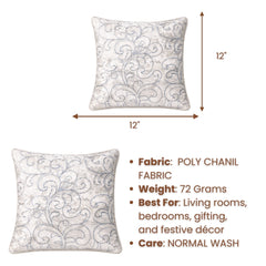 Fabric Crafted Cushion Cover – White Gold | 12"x12" | Poly Chenille Fabric | Embroidered Scroll Design
