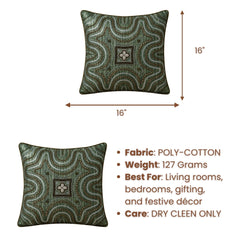 Handcrafted Cushion Cover – Green | 16"x16" | Premium Embroidered Decorative Cushion Cover