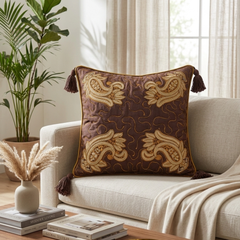 Hand Crafted Cushion Cover – Brown | 16"x16" | Poly Cotton | Embroidered Paisley Design