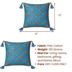 Hand Crafted Cushion Cover – Blue | 12"x12" | Poly Cotton | Embroidered Floral Diamond Pattern with Tassels