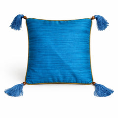 Hand Crafted Cushion Cover – Blue | 12"x12" | Poly Cotton | Embroidered Floral Diamond Pattern with Tassels