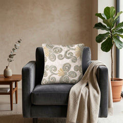 Fabric Crafted Cushion Cover – White | 12"x12" | Poly Chenille Fabric | Embroidered Scroll Design