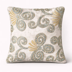 Fabric Crafted Cushion Cover – White | 12"x12" | Poly Chenille Fabric | Embroidered Scroll Design